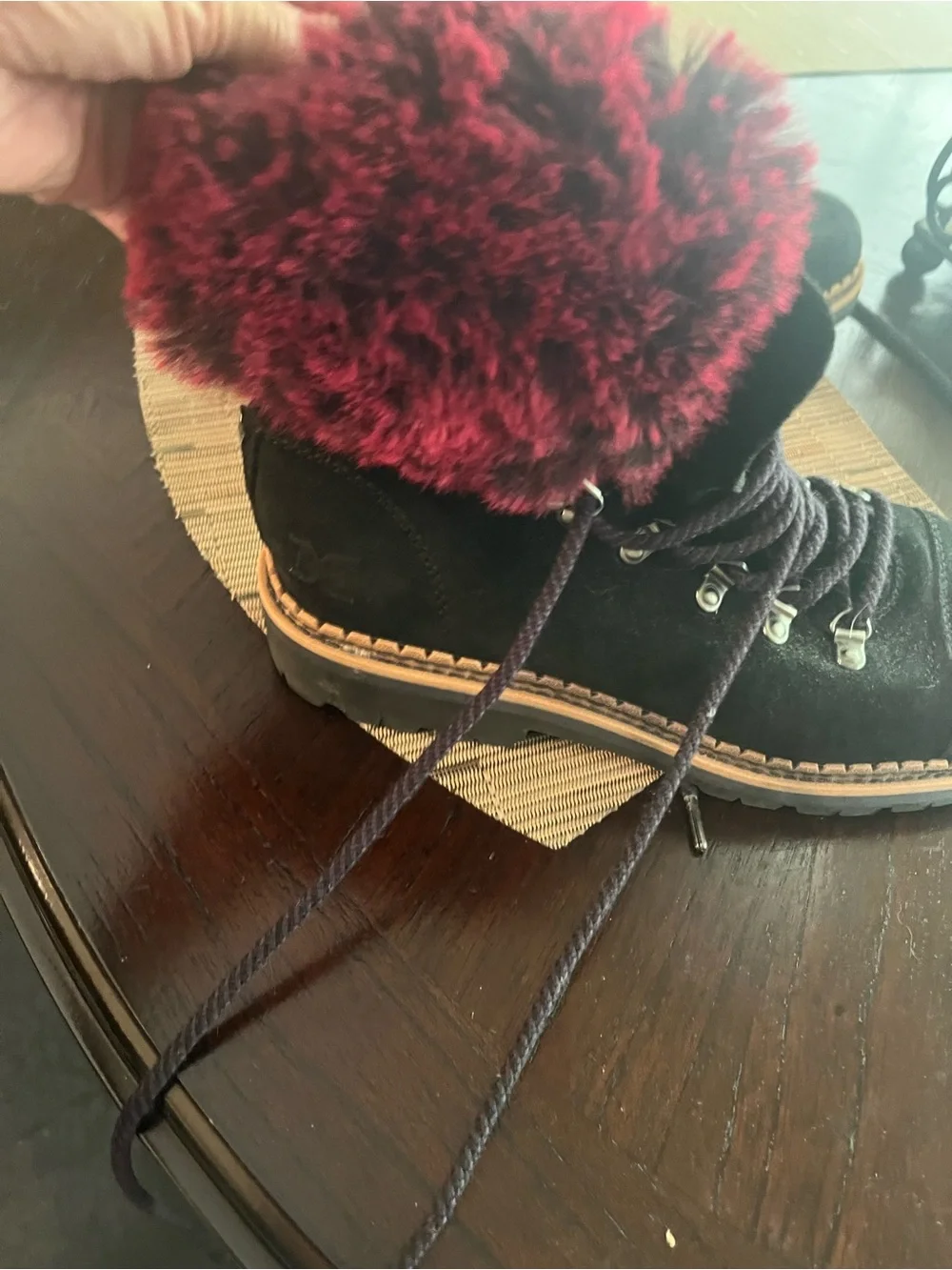 Sam Edelman Black Suede Winter Boots with Burgundy Faux Fur Trim 9.5